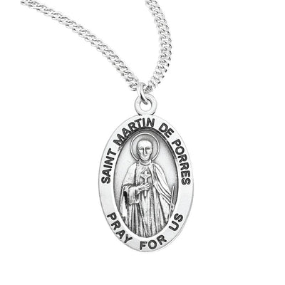 St. Martin de Porres oval sterling silver medal necklace with cross and broom, HMH Religious