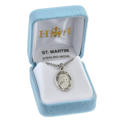St. Martin de Porres oval sterling silver medal necklace with cross and broom in gift box, HMH Religious