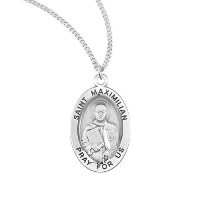 St. Maximilian Kolbe sterling silver medal, depicted with a scroll, HMH Religious