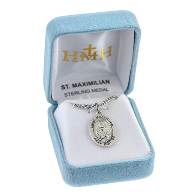 St. Maximilian Kolbe sterling silver medal, depicted with a scroll in a gift box, HMH Religious