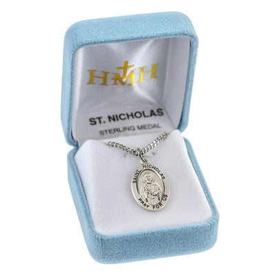 St. Nicholas sterling silver medal holding a book in a gift box, HMH Religious