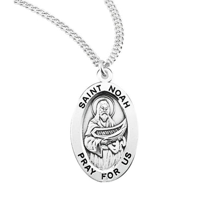 St. Noah oval sterling silver medal necklace with ark, HMH Religious
