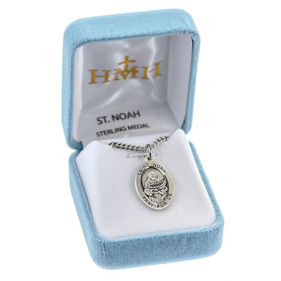 St. Noah oval sterling silver medal necklace with ark in gift box, HMH Religious