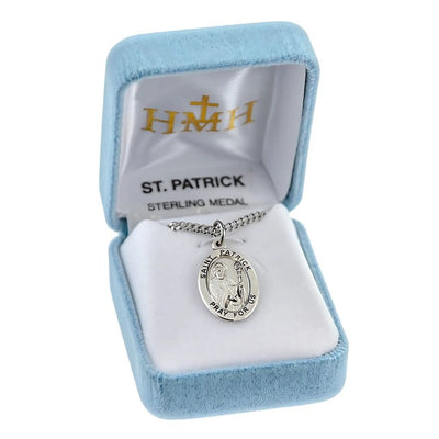 St. Patrick sterling silver medal holding a miter and staff in a gift box, HMH Religious