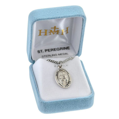 St. Peregrine Laziosi sterling silver oval medal with a cross in box, HMH Religious