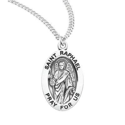St. Raphael the Archangel oval sterling silver medal, holding a travelers staff, HMH Religious