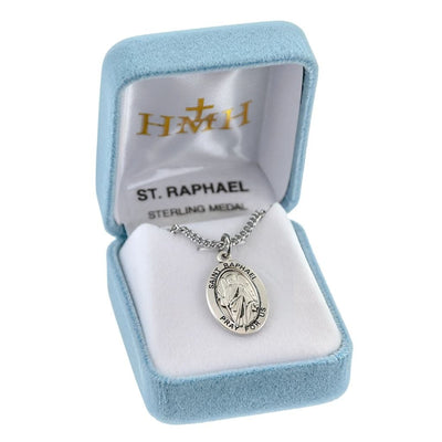 St. Raphael the Archangel oval sterling silver medal, holding a travelers staff in a gift box, HMH Religious