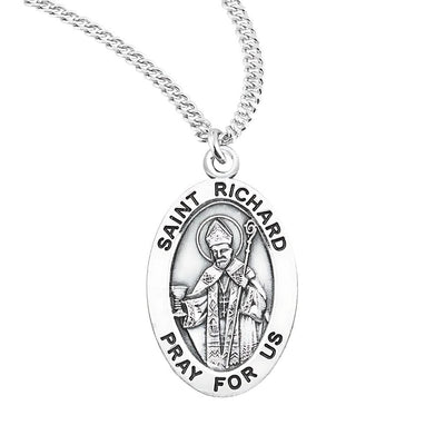St. Richard oval sterling silver medal bishops clothing holding a chalice and staff, HMH Religious