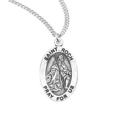 St. Roch oval sterling silver medal kneeling with a dog by his side holding a staff, HMH Religious