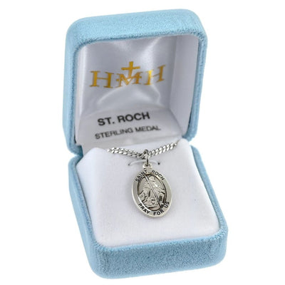 St. Roch oval sterling silver medal kneeling with a dog by his side holding a staff in a gift box, HMH Religious