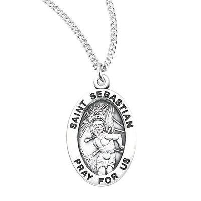 St. Sebastian oval sterling silver medal against a tree with arrows piercing his body, HMH Religious