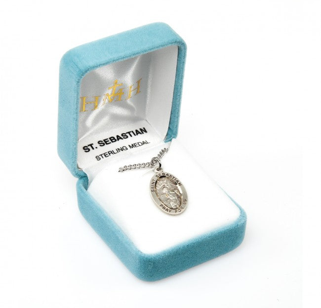 HMH St Sebastian Oval Sterling Silver Medal Necklace in box,