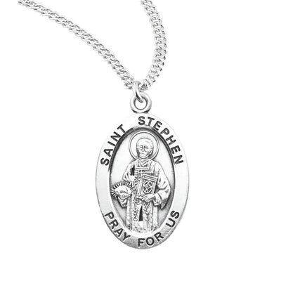 St. Stephen the Martyr oval sterling silver medal with a stones and a bible, HMH Religious