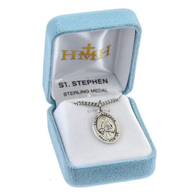 St. Stephen the Martyr oval sterling silver medal with a stones and a bible in a gift box, HMH Religious