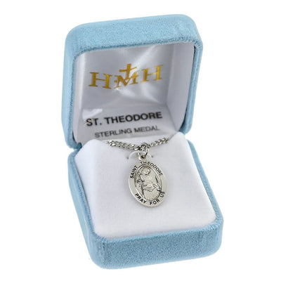 St. Theodore Stratelates sterling silver medal with a sword and palms in a gift box, HMH Religious