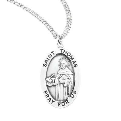 St. Thomas Aquinas oval sterling silver medal, holding a writing in a book holding a quill pen, HMH Religious