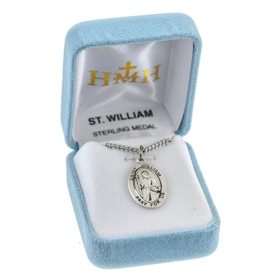 St William of Rochester oval sterling silver medal with a book and a cross in a gift box, HMH Religious