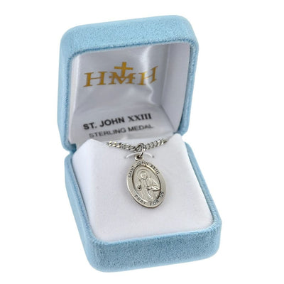 St. John XXIII oval sterling silver medal depicts him waving in gift box, HMH Religious