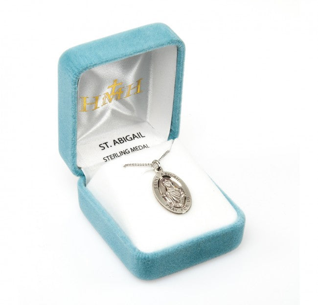 St Abigail Oval Sterling Silver Medal Necklace in Box