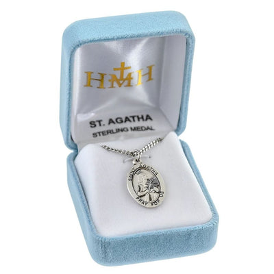 St. Agatha oval sterling silver medal necklace with a palm branch in gift box, HMH Religious