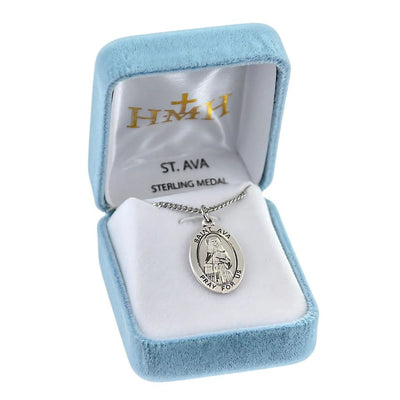 St. Ava sterling silver medal with a scroll and book in gift box, HMH Religious