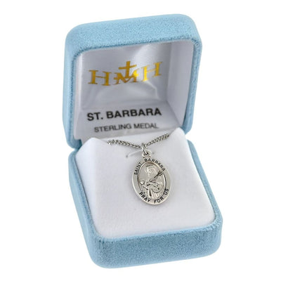 St. Barbara sterling silver medal with palms in her hands in gift box, HMH Religious