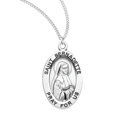 St. Bernadette oval sterling silver medal necklace with praying hands, HMH Religious