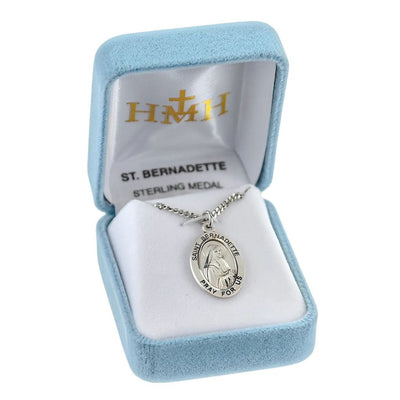 St. Bernadette oval sterling silver medal necklace with praying hands in gift box, HMH Religious