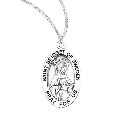 St. Bridget of Sweden oval sterling silver medal holding a staff and a book, HMH Religious