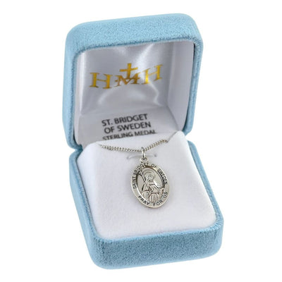 St. Bridget of Sweden oval sterling silver medal holding a staff and a book in gift box, HMH Religious