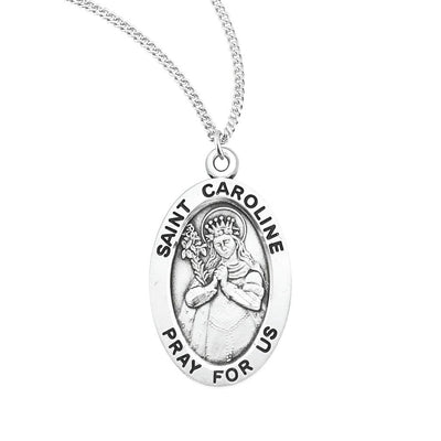 St. Caroline sterling silver oval medal with flowers wearing a crown, HMH Religious
