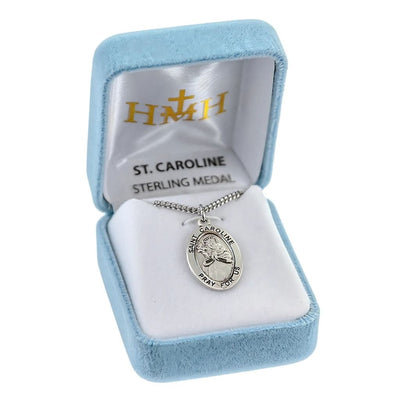 St. Caroline sterling silver oval medal with flowers wearing a crown in gift box, HMH Religious