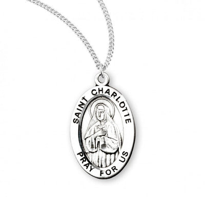 St. Charlotte sterling silver oval medal with a book, HMH Religious