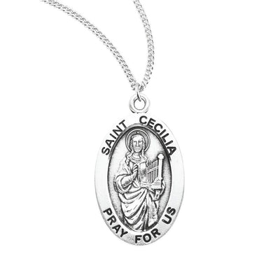 St Cecilia sterling silver oval medal with a harp, HMH Religious