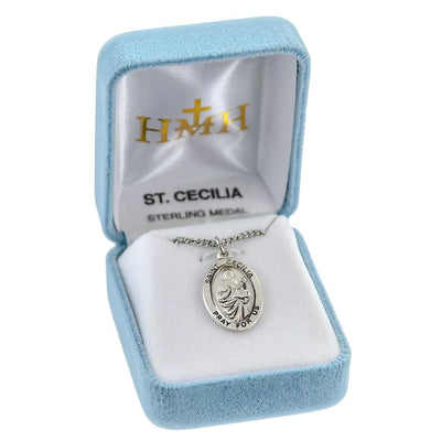 St Cecilia sterling silver oval medal with a harp in gift box, HMH Religious