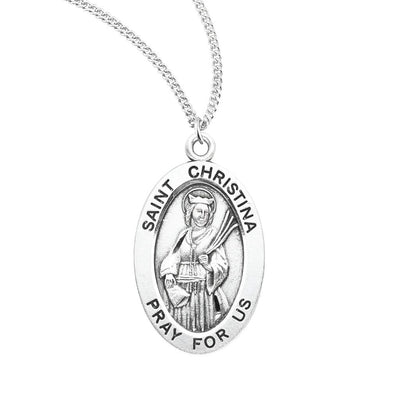 St. Christina of Bolsena sterling silver oval medal-pendant holding a scroll and palms, HMH Religious