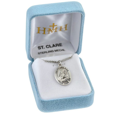 St. Clare sterling silver oval medal holding a monstrance in gift box, HMH Religious
