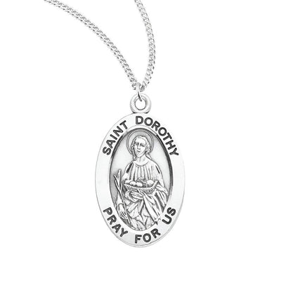 St. Dorothy sterling silver oval medal with a basket of flowers, HMH Religious