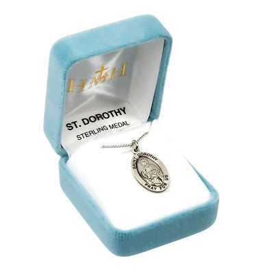 St. Dorothy sterling silver oval medal with a basket of flowers in gift box, HMH Religious