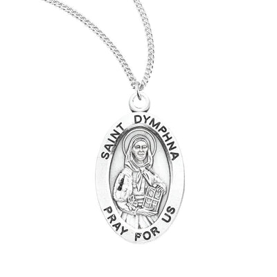 St. Dymphna sterling silver oval medal with a book and flower, HMH Religious