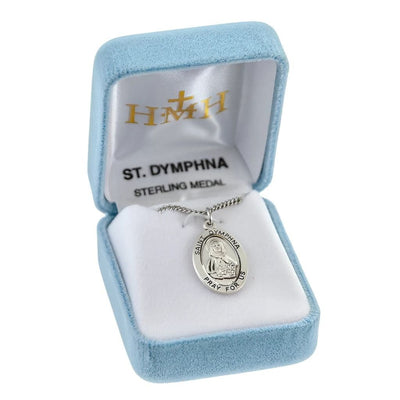 St. Dymphna sterling silver oval medal with a book and flower in gift box, HMH Religious