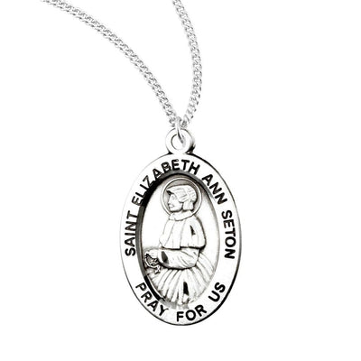 St. Elizabeth Ann Seton sterling silver oval medal with a rosary and wearing a nun's habit, HMH Religious