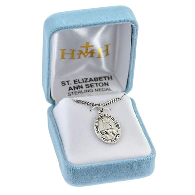 St. Elizabeth Ann Seton sterling silver oval medal with a rosary and wearing a nun's habit in gift box, HMH Religious