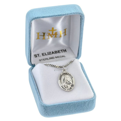 St. Elizabeth sterling silver oval medal with a basket of bread and coins in gift box, HMH Religious