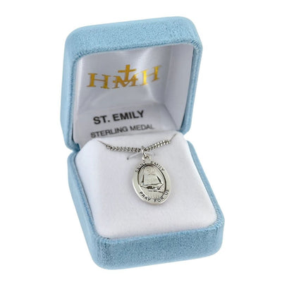 St. Emily sterling silver oval medal with a scroll in gift box, HMH Religious