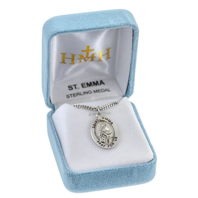St. Emma sterling silver oval medal wearing a crown holding bread in gift box, HMH Religious