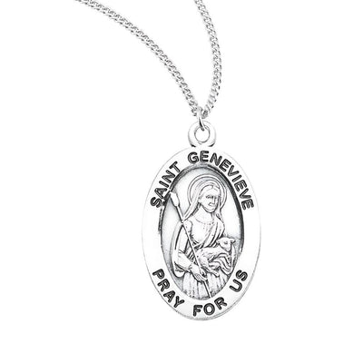 St. Genevieve sterling silver oval medal holding a lamb, HMH Religious