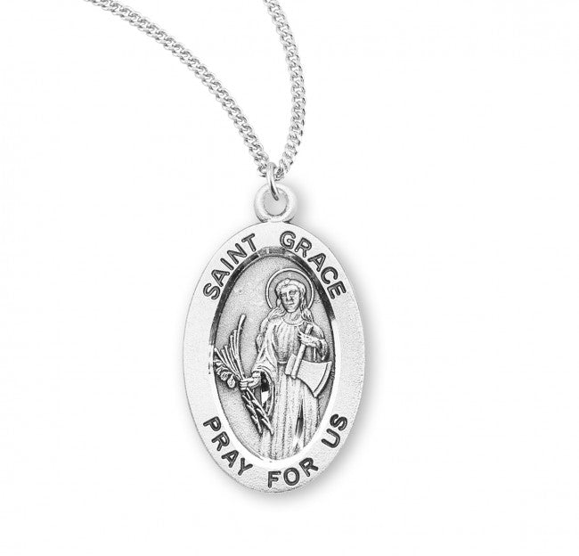 HMH Religious St Grace Oval Sterling Silver Medal Necklace