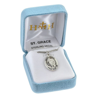 St. Grace sterling silver oval medal palm branch and ax in gift box, HMH Religious