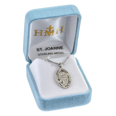 St. Joanne sterling silver oval medal in prayer and vase in gift box, HMH Religious